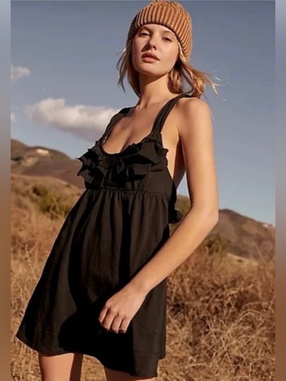 Free People FP Beach The Valley Mini Dress Black Ruffle Tie Back Medium